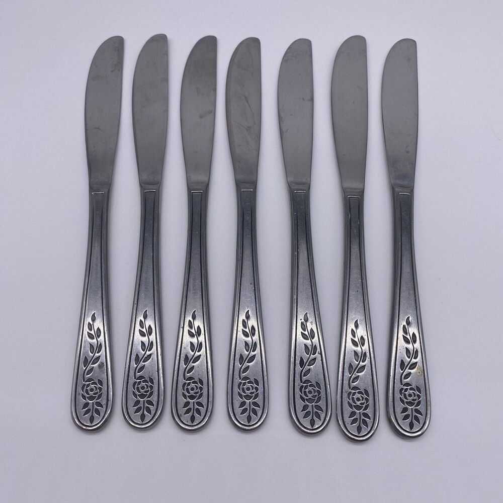 Rogers Oneida Rose Scroll Dinner Knives Set of 7 8.5” Stainless Korea